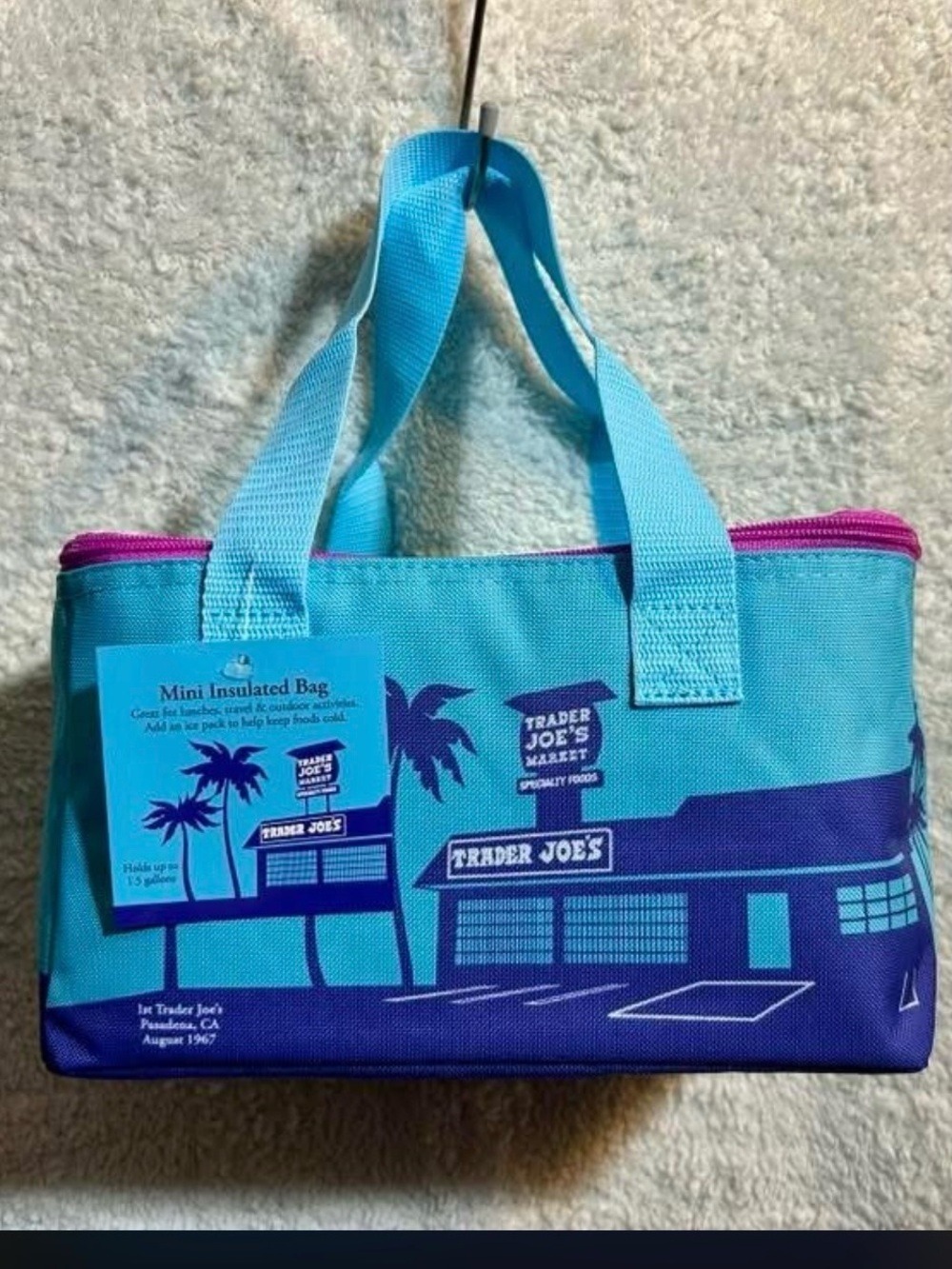 Trader Joe's Mini Insulated Tote Bag - Turquoise with Purple Trim Multiuse NWT